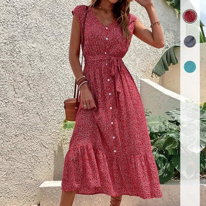 Robe longue boheme sans manches a fleurs pour femmes Rouge Rouge Cdiscount Pret a Porter