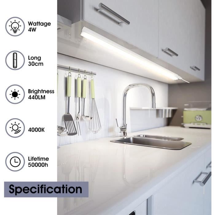 2x Lampe de Placard, 30CM Reglette LED Cuisine, 4000K Connectable
