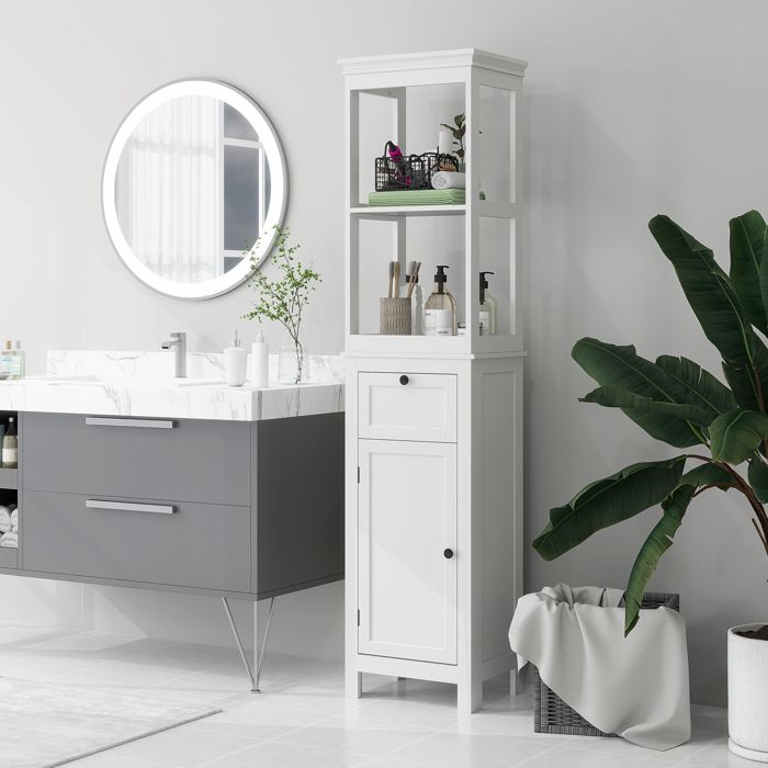 Colonne De Rangement Salle De Bain HOMCOM - 6 étagères, Porte Miroir, Trapézoïdale, 40x30x165 Cm, Bois Naturel