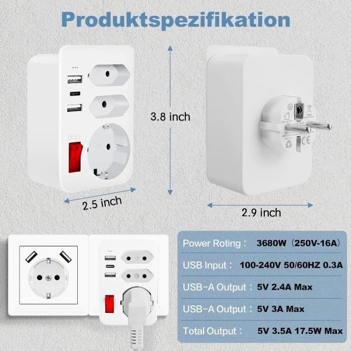 Prise Multiple USB, Multiprise Murale 3 Prises et 3 Ports USB 3A, Chargeur USB  Multiple 6