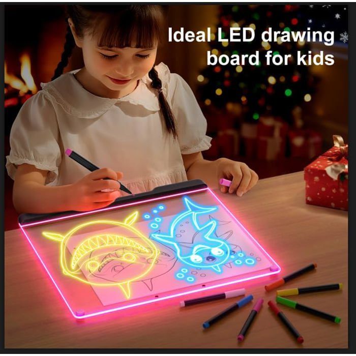 Tableau Lumineux à Messages LED LURICO 35x25 Cm - 7 Couleurs, 4 Modes, Dessin Effaçable à L'eau, Avec Support Et Marqueurs