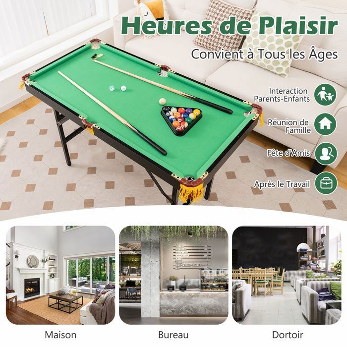 Table De Billard FANTASK 122x61x76 Cm – Bois MDF, Velours Bleu/vert, 2 Queues, 15 Boules + Blanche, Triangle, Brosse, Pour Enfants Et Adultes