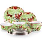 VEWEET Vaisselle 12 pièces, Traîneau à Cerfs de Noël en Porcelaine, avec Assiette à Dîner, à Dessert et Bols - pour 4 personne