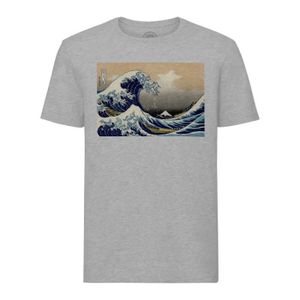 T-SHIRT T-shirt Homme Col Rond Gris Hokusai Kanagawa Waves View Mount Fuji