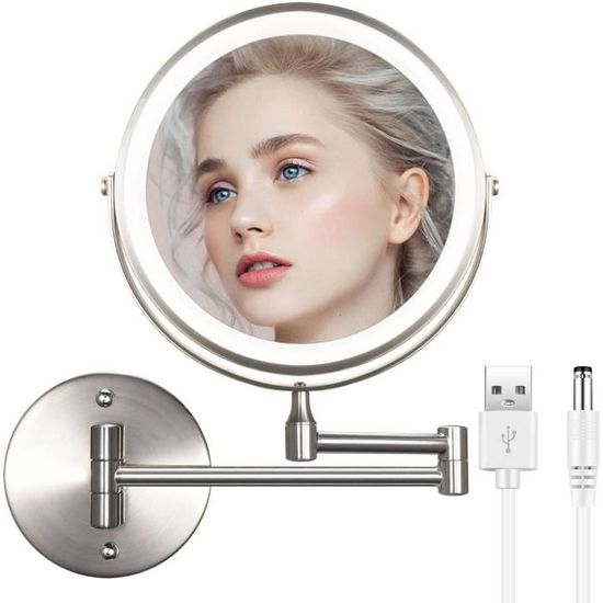 Miroir Grossissant Mural LED 20,3 Cm – Rechargeable USB – Grossissement 1x/5x – Lumière Réglable 3 Couleurs – Rotation 360°