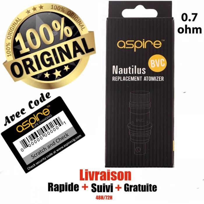 5 Résistances Aspire Nautilus/Mini BVC 0.7 ohm - Certifié Aspire avec Scratch Code d'authenticité.