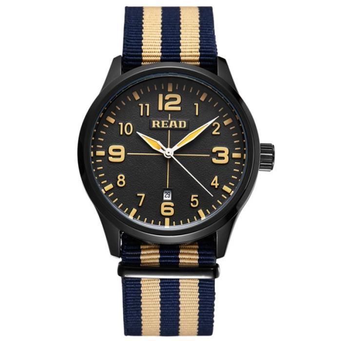 (#140) 3ATM Waterproof Quartz Wrist Watch with Stripes Nylon Band & Luminous Display (Black Window Blue Khaki Strap)