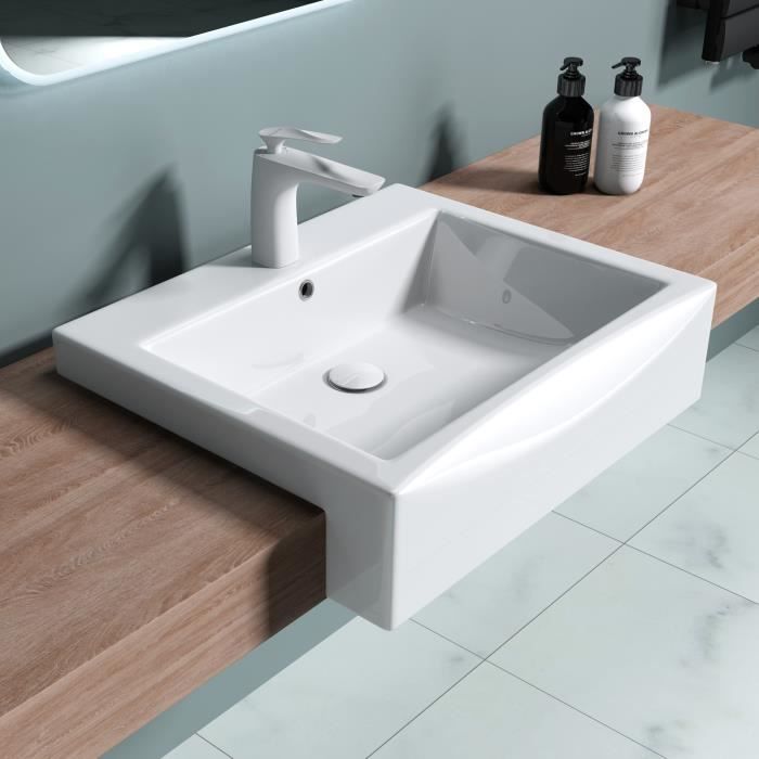 Sogood Lavabo à encastrer blanc 57x46x15cm vasque en céramique lave mains rectangulaire de qualité pour salle de bain Meissen202-570