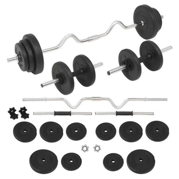 Ensemble d'haltères et barres d'haltères 30 kg - Disque de Ciment + Barres d'acier