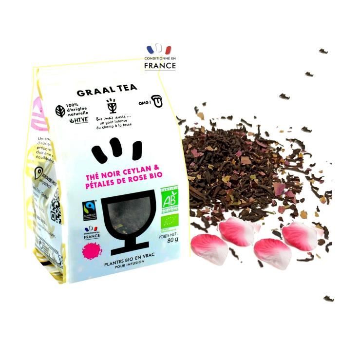 GRAALTEA - Thé Dégustation - Thé noir Ceylan & Pétales de rose BIO en Vrac - 100% d'Origine Naturelle - Made in France - 1 Paquet x