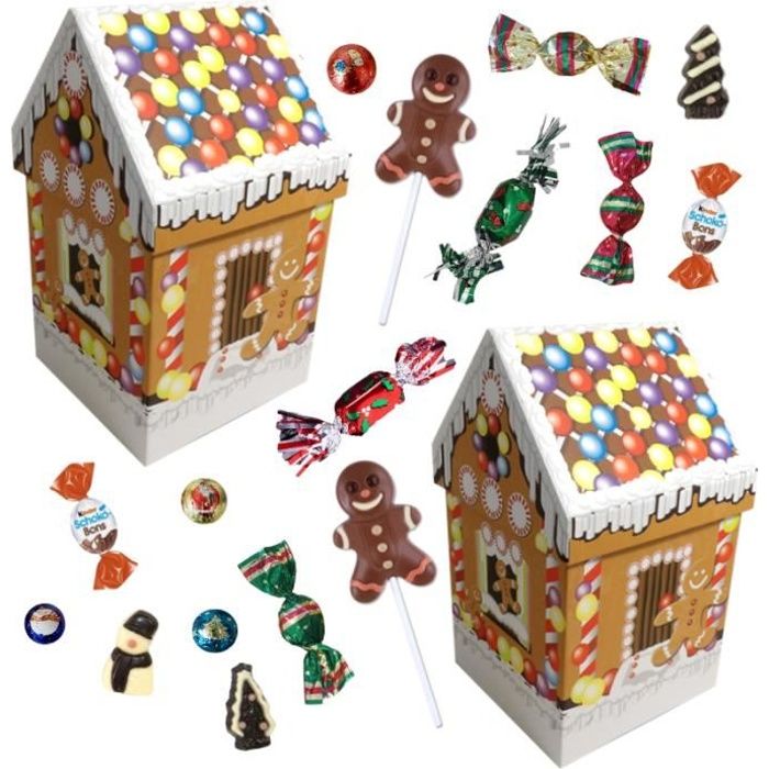 2 Maisonnettes garnies d'un assortiment de 40 chocolats et sucette de Noël , kinder Schokobons
