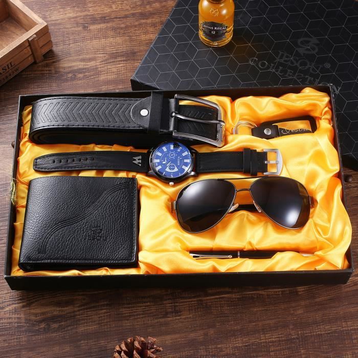 Coffret montre homme + lunettes de soleil homme + ceinture + portefeuille + stylo + porte-clés + cadeau de Noël de luxe
