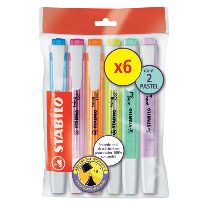 STABILO SWING COOL - 4 SURLIGNEURS FLUO + 2 SURLIGNEURS PASTEL