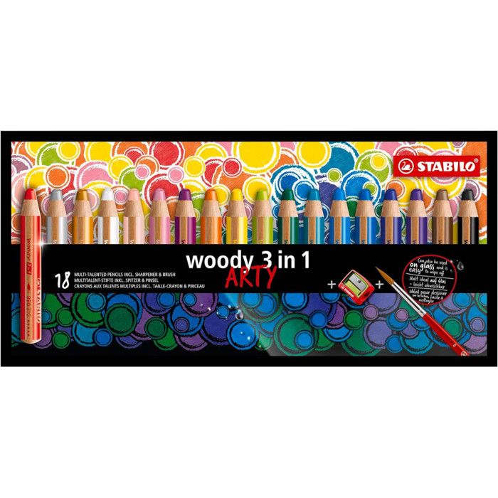 Crayon de coloriage - STABILO woody 3in1 - Étui carton 10 crayons de couleur + 1 taille-crayon - Gamme -Arty-
