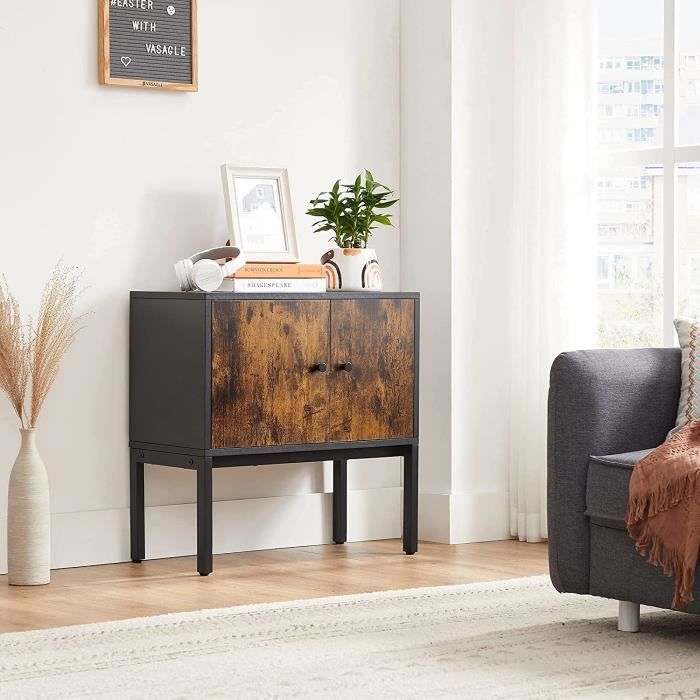 VASAGLE Buffet de cuisine, Placard de rangement, cadre en métal, 60 x 30 x 60 cm, style industriel, Marron Rustique, Noir LSC106B01