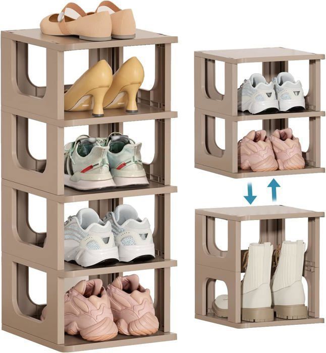 marron etagere chaussure, porte chaussures empilable meuble en plastique à 5 niveaux boite rangement peu encombrante