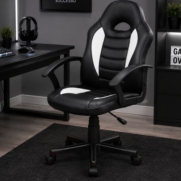 Dmora - Chaise à roulettes Miranda 56 x 55 x h 99 5 cm noir blanc Acier et Similicuir Dmora - Chaise à roulettes Miranda 56 x 55 x h 99 5 cm noir blanc Acier et Similicuir