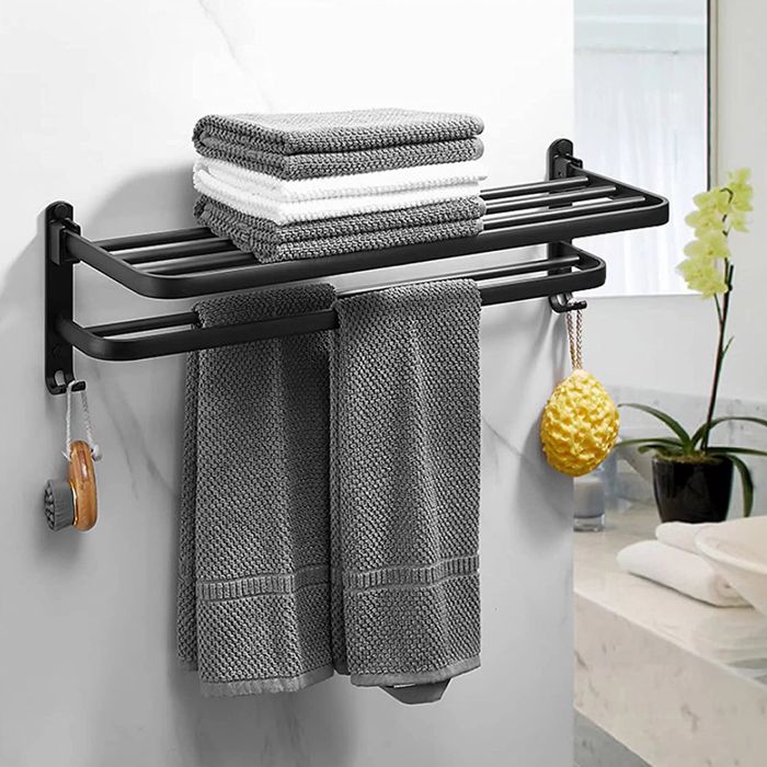 JEOBEST Porte-serviettes de salle de bain - Crochet design - Pliable - Aluminium - Etagère murale - 60cm