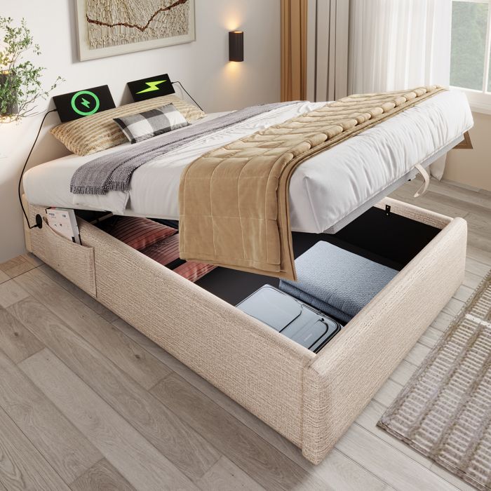 Lit coffre rembourré 90x190cm - tissu en lin - avec prises de recharge et sommier à lattes - Beige
