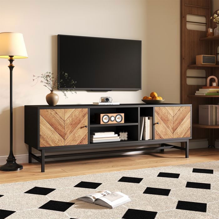 Meuble TV 150 x 38 x 55 cm - Design contrasté noir et bois avec espace de rangement polyvalent Banc TV moderne et minimaliste Meuble TV 150 x 38 x 55 cm - Design contrasté noir et bois avec espace de rangement polyvalent Banc TV moderne et minimaliste