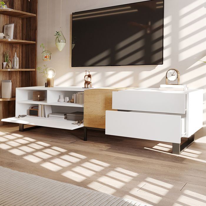 Meuble TV moderne - SWEIKO - Blanc+bois (180x50x38 cm) Meuble TV moderne - SWEIKO - Blanc+bois (180x50x38 cm)