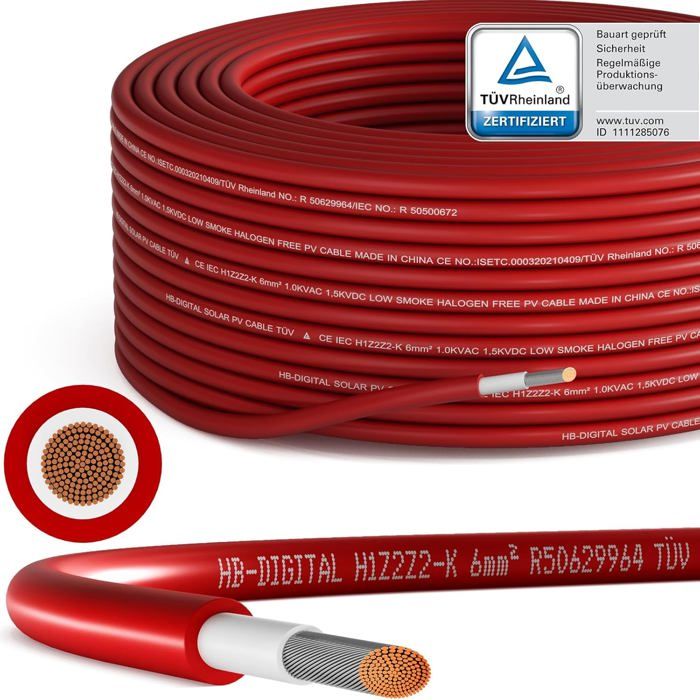 FIRMERST Câble Solaire Double H1Z2Z2-K 6 Mm² – 25 M Rouge/Noir – Photovoltaïque EN 50618 – Toit, Terrasse, Camping-Car