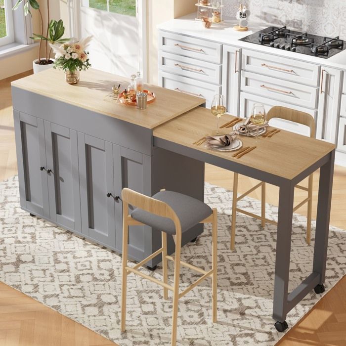 Table de bar extensible 118-180×50×94cm avec 6 compartiments table îlot de cuisine avec rangementTable à manger extensible，gris