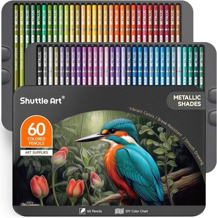 Crayons Métalliques Shuttle Art - Boîte 60 Couleurs Brillantes - Pour Dessin Et Coloriage