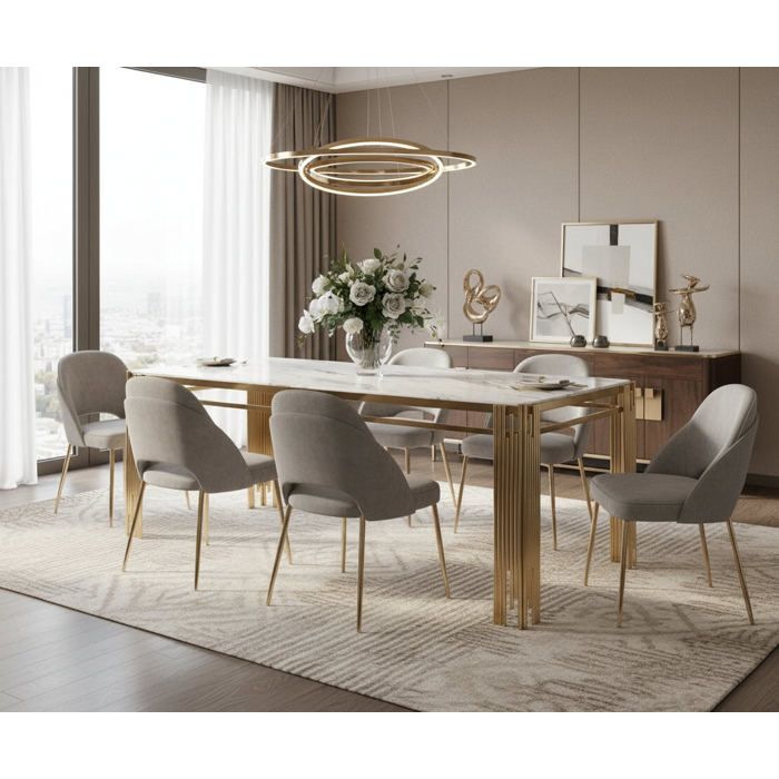 Table à manger Rectangulaire Gold Plateau Effet Marbre Blanc 180x90x75 cm - FLUTE