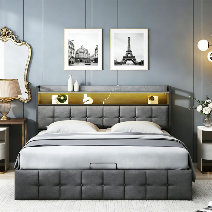 Lit 140x190 cm avec LED COZY LED tissu en lin cadre de lit double 140x190 cm avec USB et Type C gris