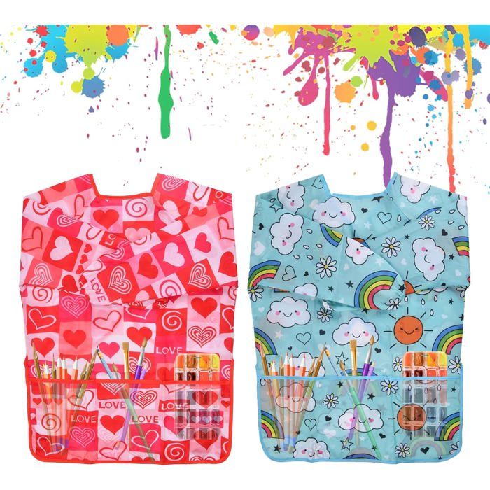 2 Tabliers De Peinture Enfant Manches Longues - Imperméables, Avec Poches, Pour école, Cuisine, Activités Créatives
