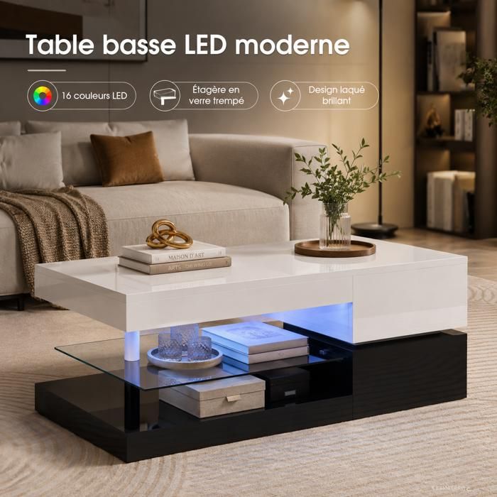 Table basse salon moderne 90x45x35.5 cm avec éclairage LED Table de salon avec Bluetooth et contrôle par application Blanc et noir
