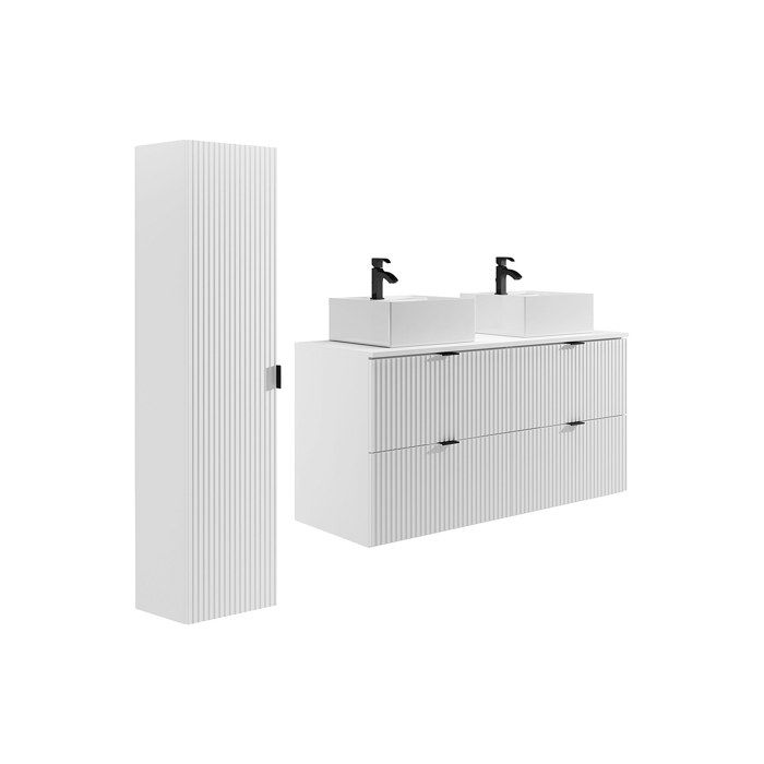 Meuble de salle de bain suspendu strié avec vasque à poser carrée et colonne - Blanc mat - 120 cm - ZEVINI