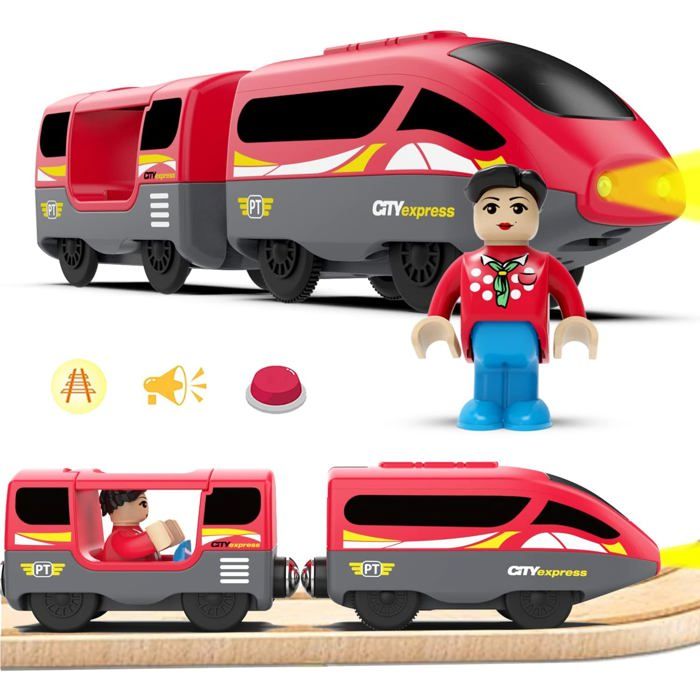 DxxD Train Locomotive Électrique à Piles – Compatible Thomas & Brio – Aimants, Wagons Tournants – Jouet Enfant 3-8 Ans