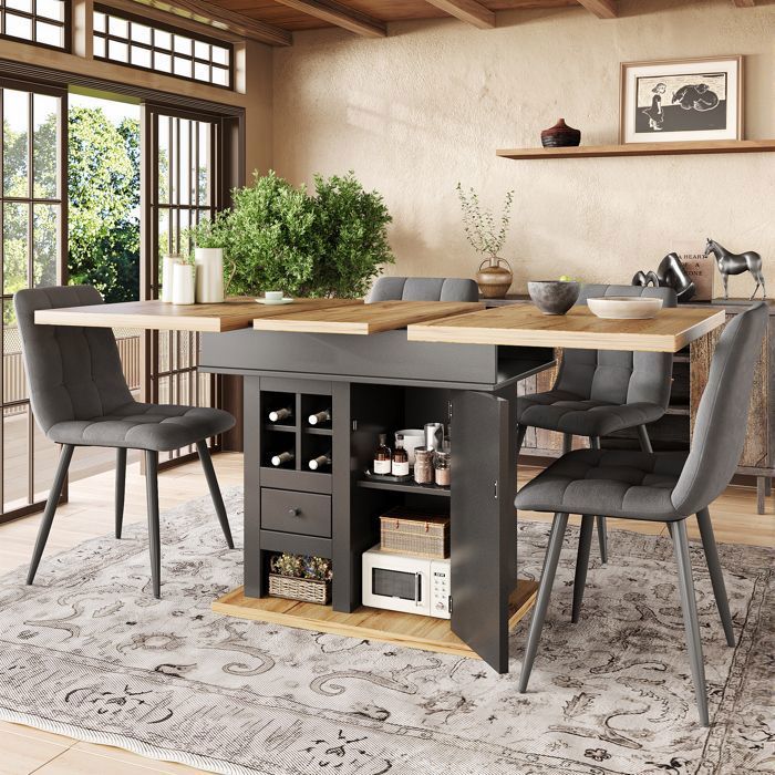 Table à manger extensible 110-140 x 80 cm avec rangement porte-bouteilles tiroirs et placard 4-6 personnes