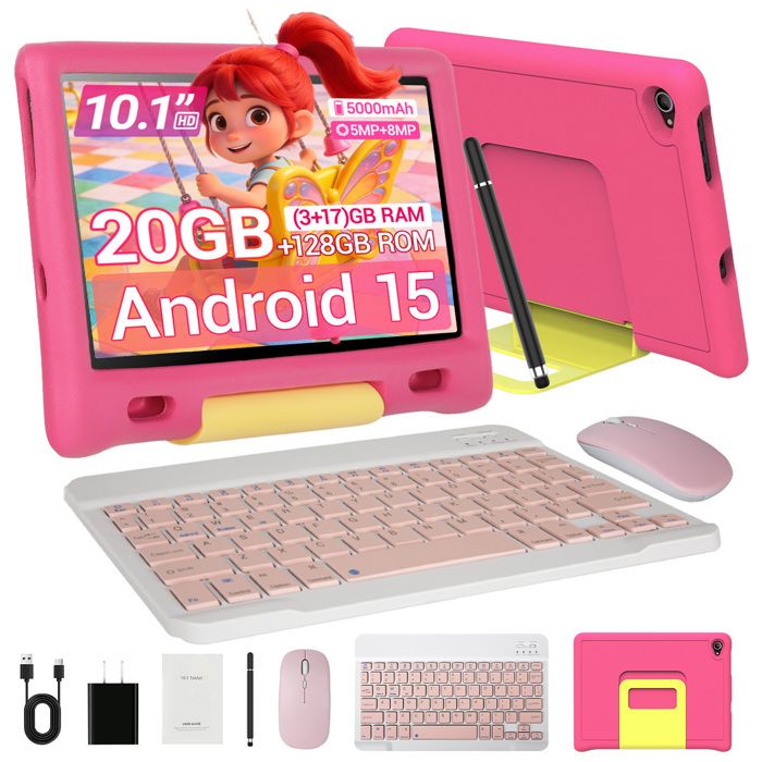 Tablette Enfant 101 Android 15 avec étui 20(3+17)Go RAM 128Go Écran IPS HD 1280x800 avec Clavier Souris Stylet - Rose