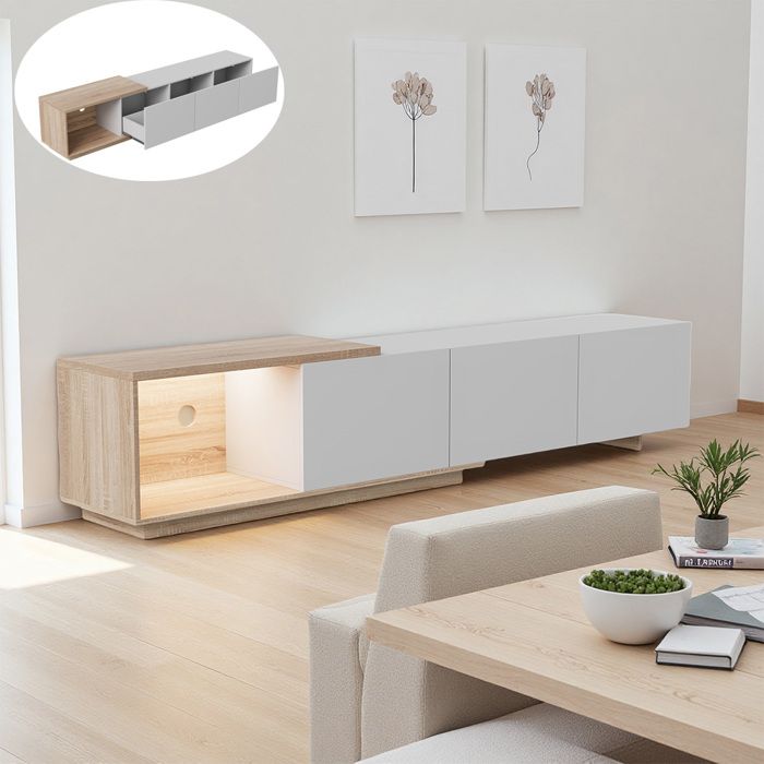 Meuble TV Extensible avec LED Meubles TV avec 3 Tiroirs et Rangement Ouvert Armoire Basse Longueur Réglable (163-240cm) Blanc