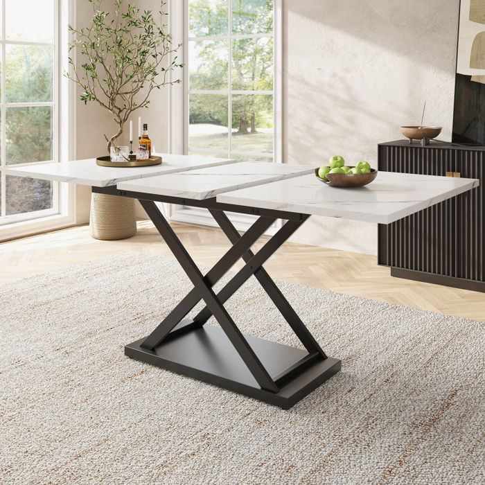 Table à Manger Extensible pour Cuisine et Salon 120–160 x 80 cm - Blanc effet marbre - Pieds Croisés en Métal Noir 6 à 8 personnes Table à Manger Extensible pour Cuisine et Salon 120–160 x 80 cm - Blanc effet marbre - Pieds Croisés en Métal Noir 6 à 8 personnes