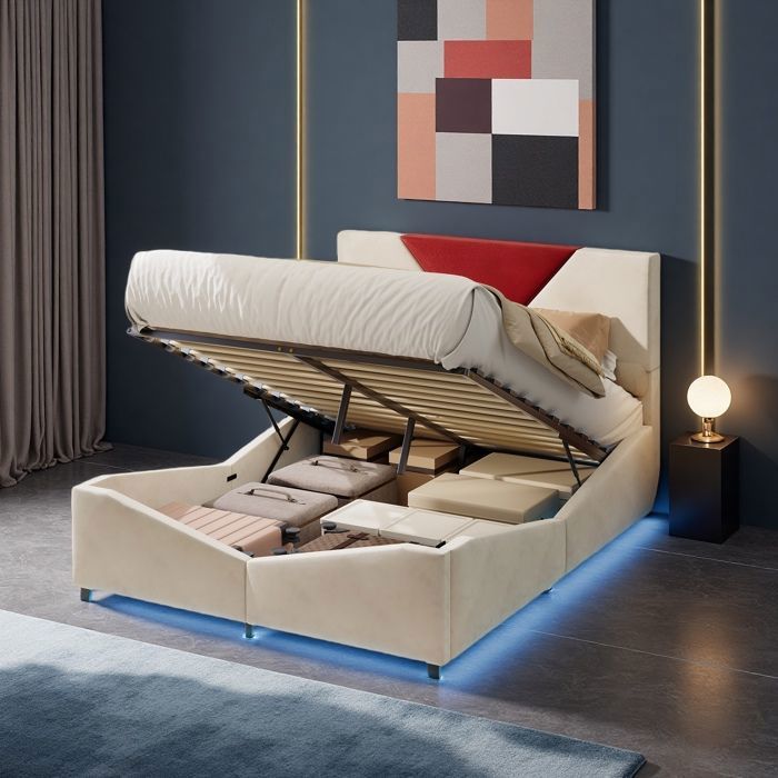 Lit double capitonné - 140x190 cm - Velours blanc cassé - Rangement pneumatique XXL - LED 7 couleurs