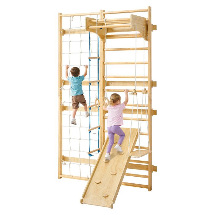 Espalier en Bois Massif, Échelle Suédoise Murale 15 Niveaux, Charge 99,8 kg, avec Toboggan, Barre de Traction, Anneaux de Gymnastique, Siège Balançoire et Échelle Latérale et Corde, Aire de Jeux | FR