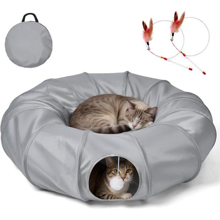 Tunnel pour chat avec lit - ESTAMPILLE - Pliable - 3 entrées - Tissu en lin respirant - Anti-rayure