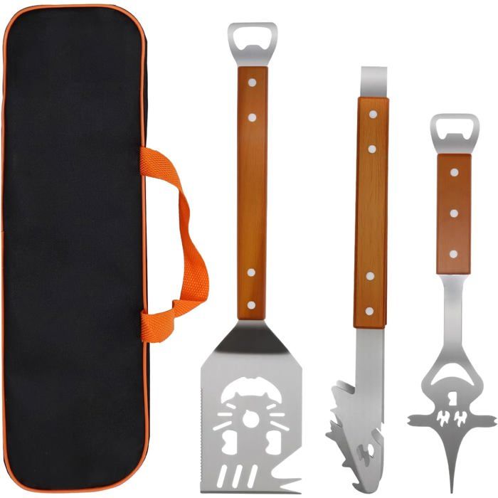 Set Ustensiles Barbecue 3 Pièces Inox Avec Sac Kit BBQ Pour Grillades Et Camping