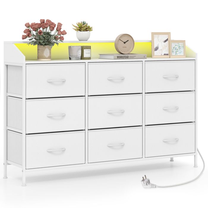 COSTWAY Commode à 9 Tiroirs Tissu avec Lumières LED Station de Recharge Cadre Métallique pour Placard Salon Entrée Blanc COSTWAY Commode à 9 Tiroirs Tissu avec Lumières LED Station de Recharge Cadre Métallique pour Placard Salon Entrée Blanc