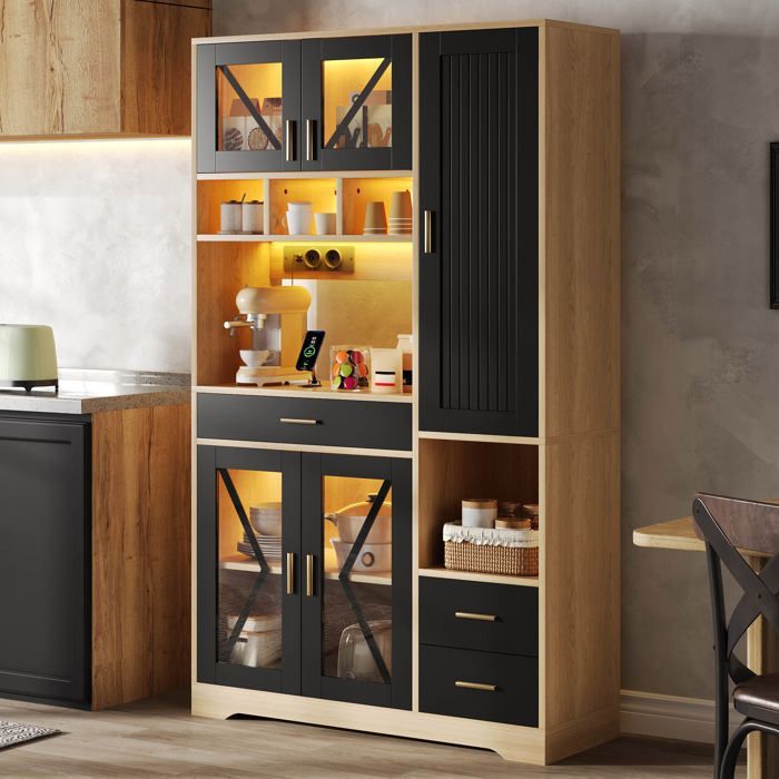 Buffet de Cuisine Haut - Style Grange - avec Vitrines LED Prises Intégrées et Tiroirs - 105 x 40 x 185 cm - Noir Buffet de Cuisine Haut - Style Grange - avec Vitrines LED Prises Intégrées et Tiroirs - 105 x 40 x 185 cm - Noir