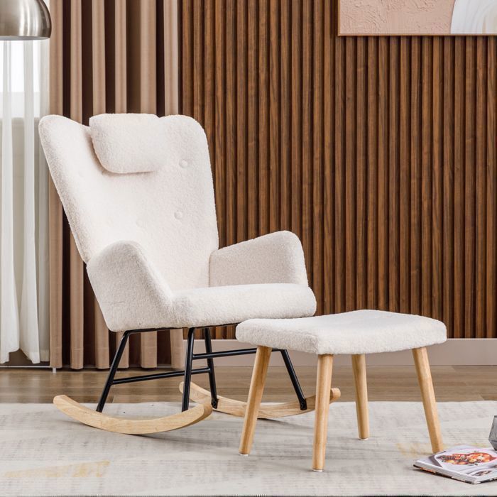 Fauteuil à bascule confortable avec repose-pieds appuie-tête tissu teddy blanc structure en bois 65x82x94 cm Scandinave