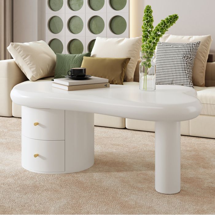 Table basse blanche organique avec 2 tiroirs discrets en MDF