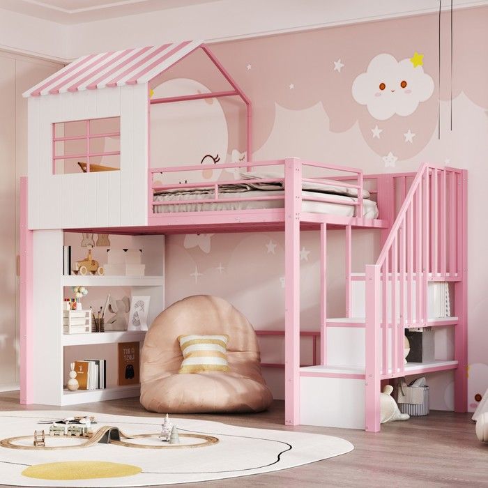 Lit superposé rose 90x200 cm avec garde-corps sécurisé et rangement intégré escalier amovible