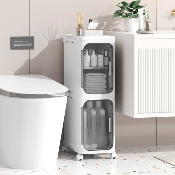 Armoire de Salle de Bain Mince - Chariot de Rangement Autonome Étanche en Plastique Blanc avec Roulettes - Dimensions 21x34x67 cm