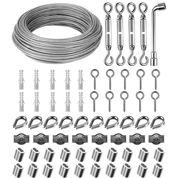 30m 3mm Corde en Acier Inoxydable 304 Cable Acier Suspendre Kit fil à linge PVC Enrobage avec Tendeur Crochet pour Corde à Linge