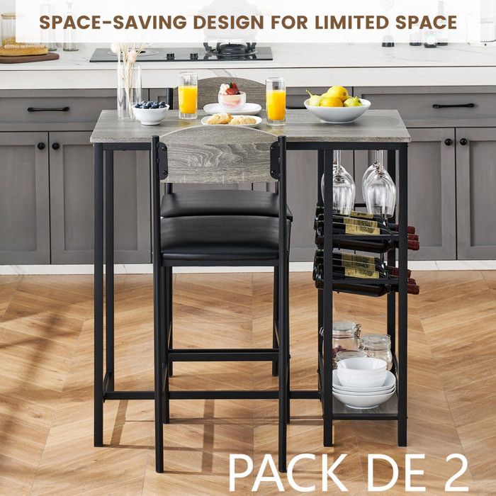 Ensemble table haute et chaises - Avec étagères latérales porte-bouteilles et porte-verres – Gris-2PCS